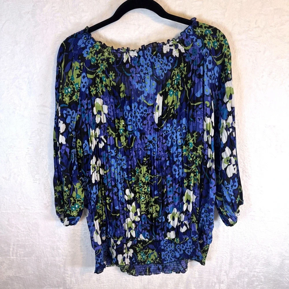 Avenue Blouse Floral Smocked Pleated Peasant 18/20 Blue Plus Size Women - Picture 1 of 4